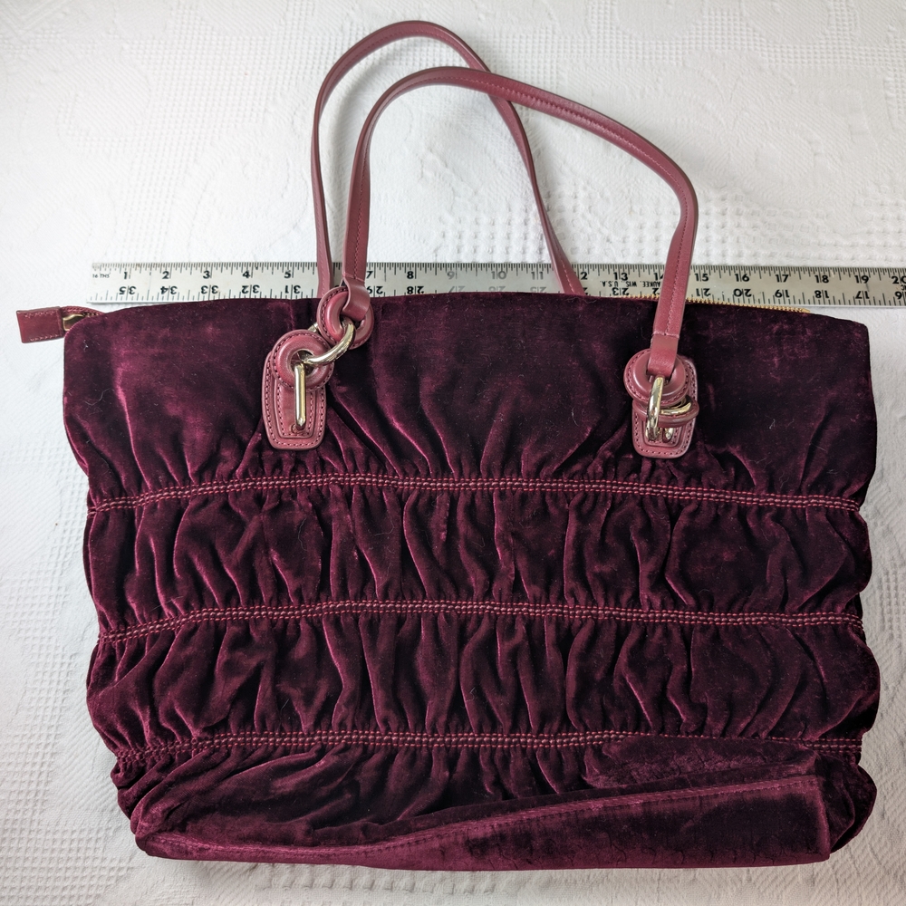 Tumi Velvet Tote Bag in Deep Burgundy with Brown Leather and Gold Hardware - Picture 13 of 13
